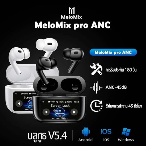 MeloMix A9 Pro ANC หูฟังบลูทูธไร้สาย ตัดเสียงรบกวน TWS หน้าจอเคสแบบสัมผัส ขนาดเล็ก กันน้ํา สําหรับเล่นกีฬา