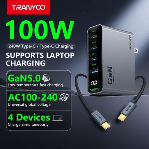 TRANYOO US10 TIS Certified 4-Port 100W GaN Ultra-Fast Charger with Digital Display; GaN Charger 240W Charging Cable