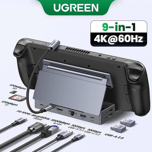 Ugreen 9-in-1 USB-C Docking Station to HDMI 4K60Hz RJ45 PD100W Dock สําหรับ Steam Deck Asus ROG Ally Nintendo Switch MacBook PC USB 3.0 HUB